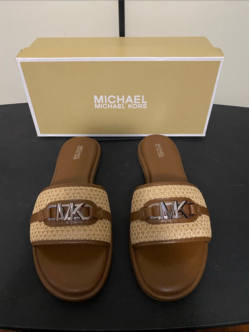 MICHAEL Michael Kors Tan Raffia & Brown MK Logo Slide Sandals